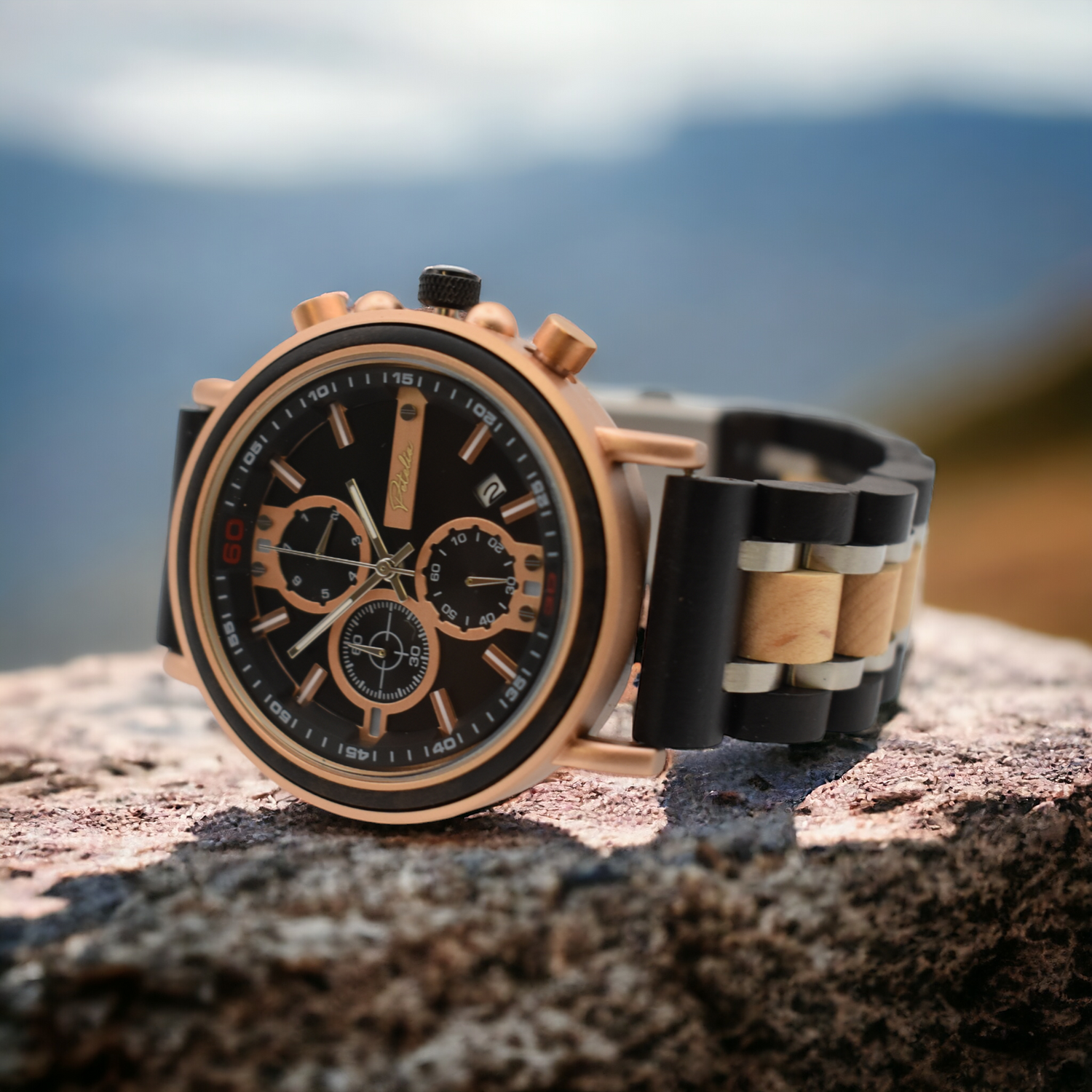 KLYVAN - Orologio da uomo con cronografo al quarzo giapponese, quadrante in legno naturale, con cinturino in maglia nera inossidabile KLYVAN - Orologio da uomo con cronografo al quarzo giapponese, quadrante in legno naturale, con cinturino in maglia nera inossidabile